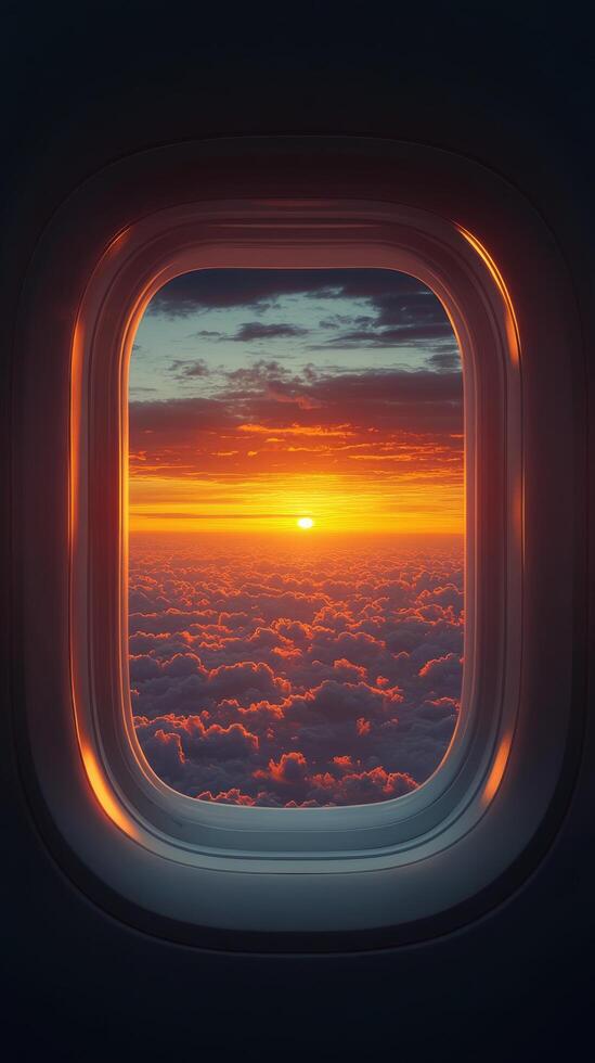 Majestic sunset viewed from an airplane window above the clouds during evening flight photo