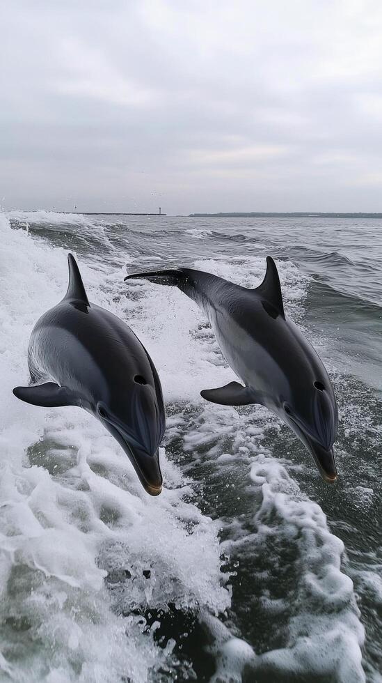 Dolphins leap through the waves near a boat in a foggy ocean setting during a calm morning photo