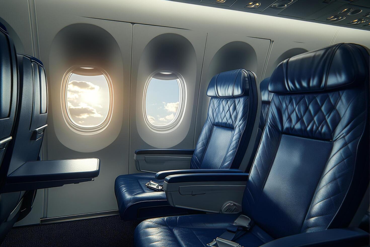 Empty airplane interior with comfortable blue seats and windows offering a view of the sky photo