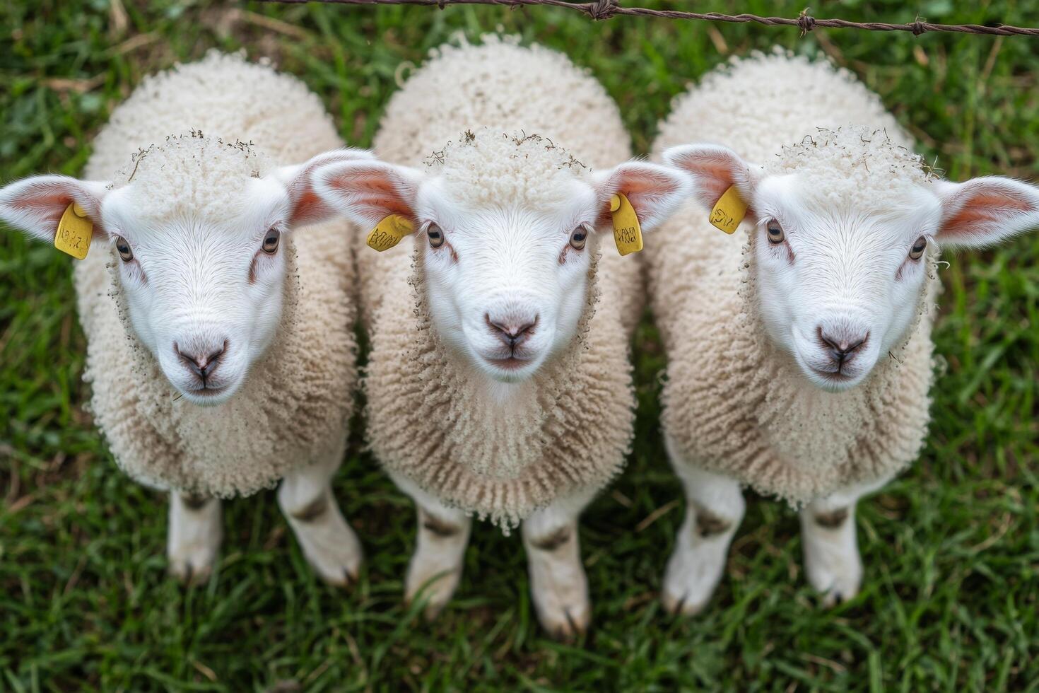 Three curious lambs lined up by a fence in a green pasture during daylight hours photo