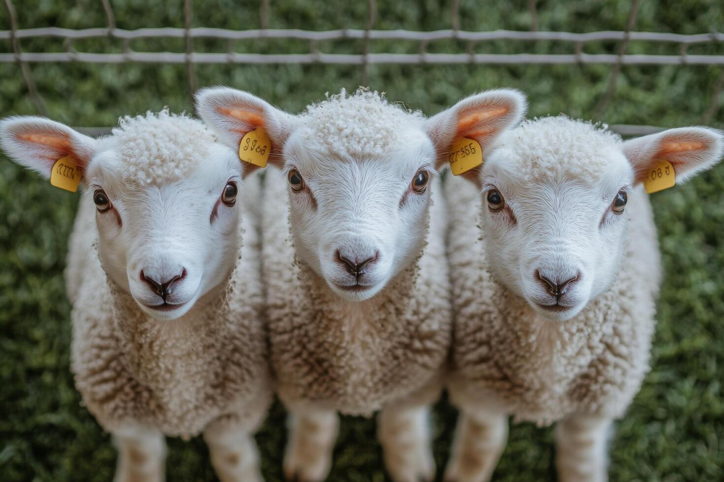 Three curious lambs lined up by a fence in a green pasture during daylight hours photo
