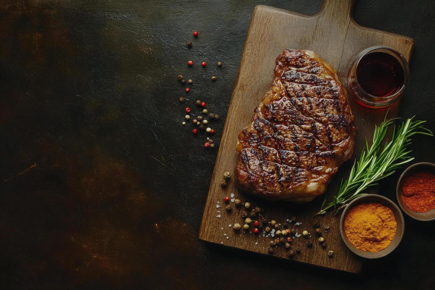 Grilled steak garnished with spices and herbs on a wooden cutting board in a rustic setting photo