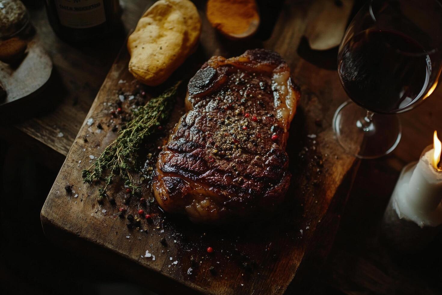 Grilled steak garnished with spices and herbs on a wooden cutting board in a rustic setting photo
