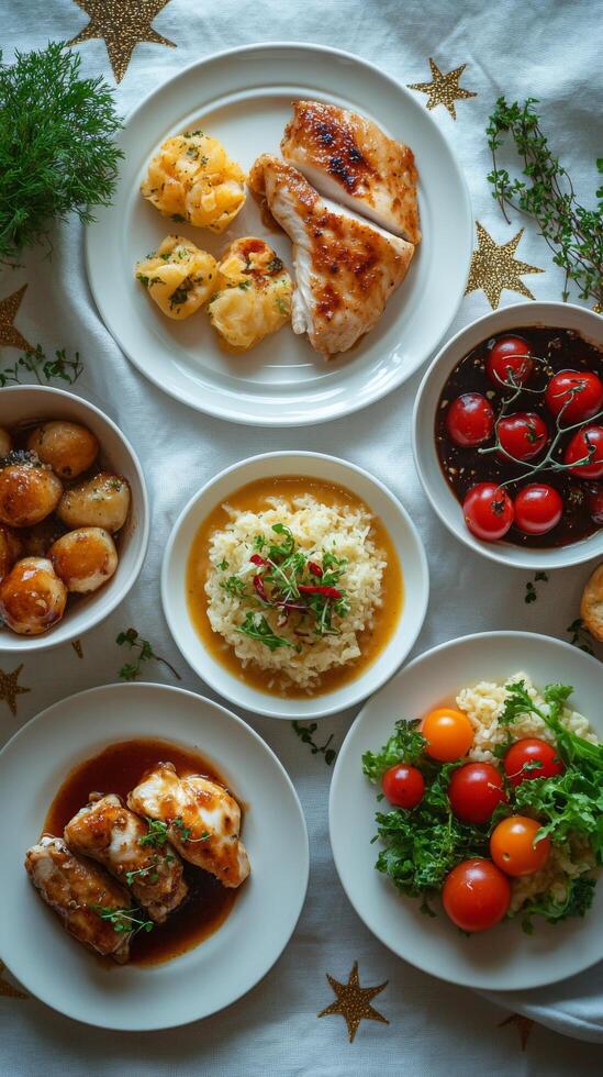A vibrant family feast featuring assorted dishes served on a festive table photo