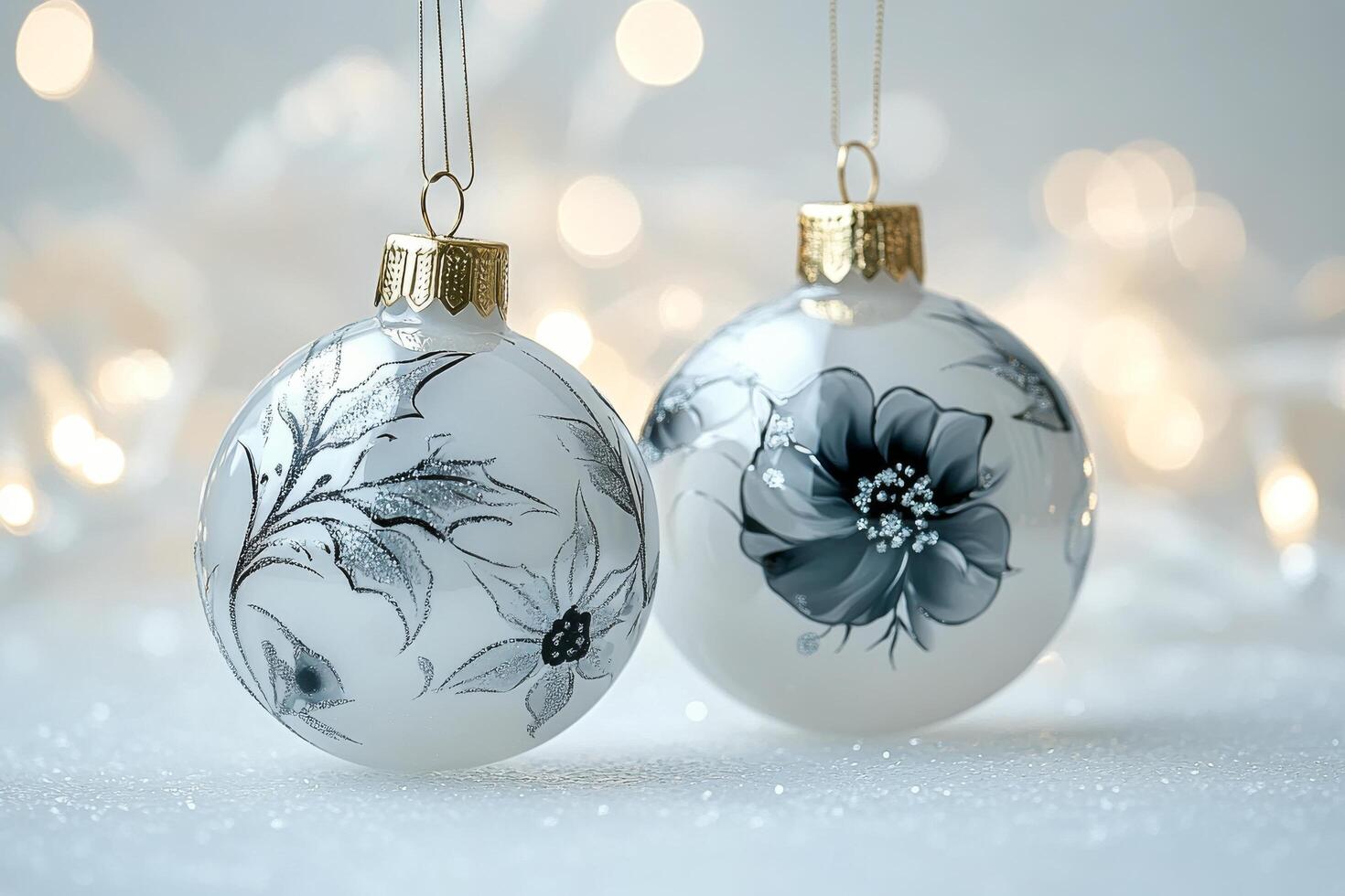 Elegant black and white ornaments on a snow covered tree with festive lights photo