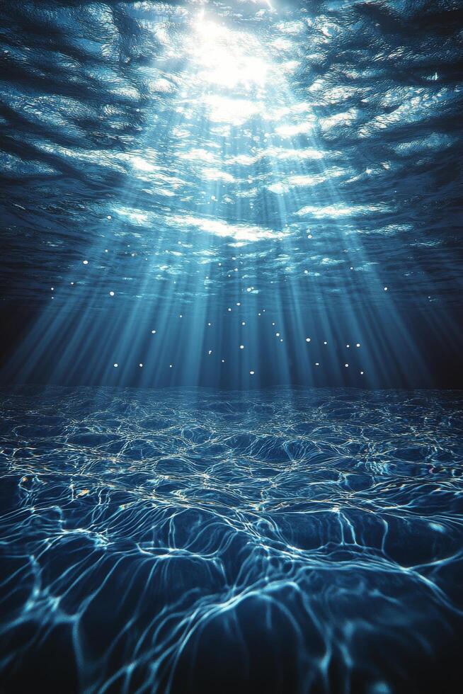 Light rays penetrate clear water creating a serene underwater atmosphere at midday photo