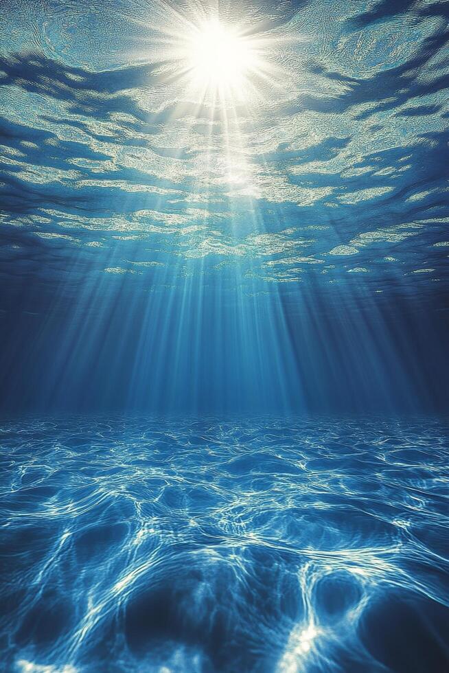 Light rays penetrate clear water creating a serene underwater atmosphere at midday photo