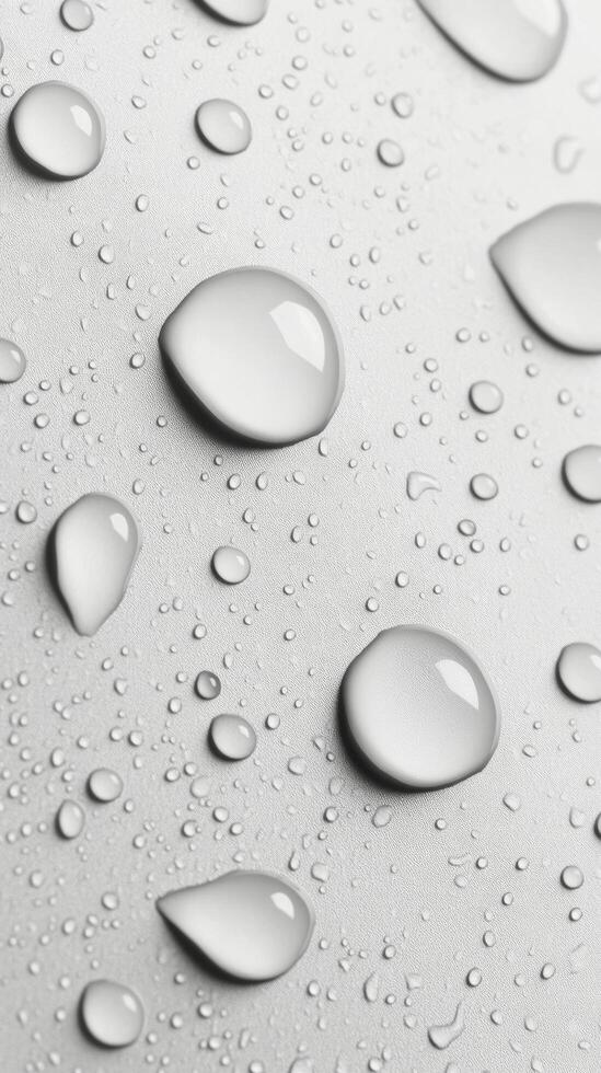 Raindrops on a smooth surface with a soft grayscale background in natural light photo