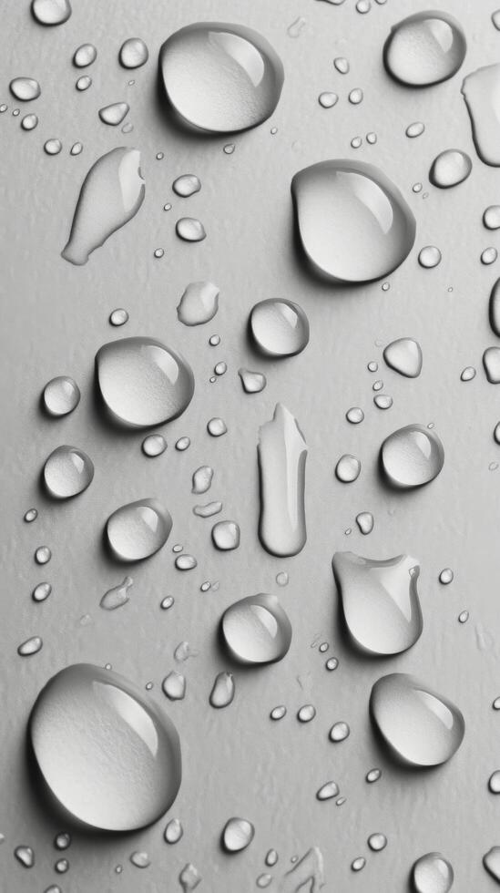 Raindrops on a smooth surface with a soft grayscale background in natural light photo