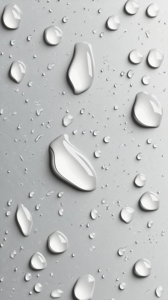 Raindrops on a smooth surface with a soft grayscale background in natural light photo