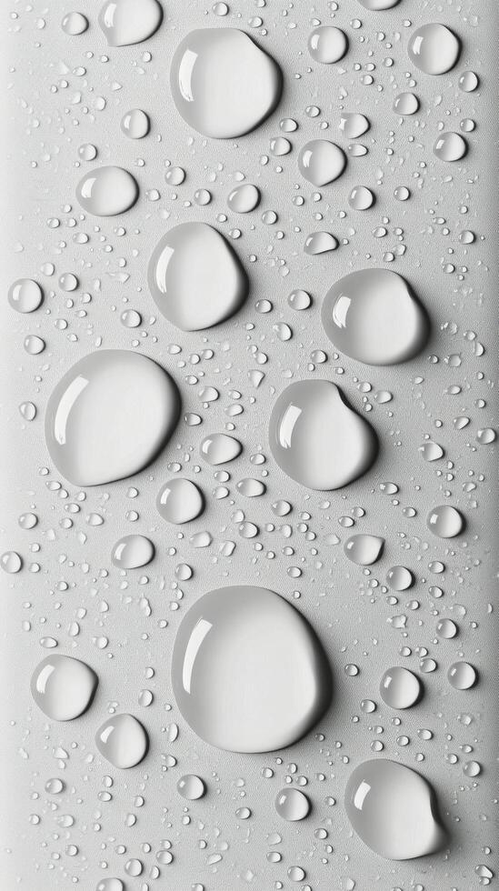 Raindrops on a smooth surface with a soft grayscale background in natural light photo