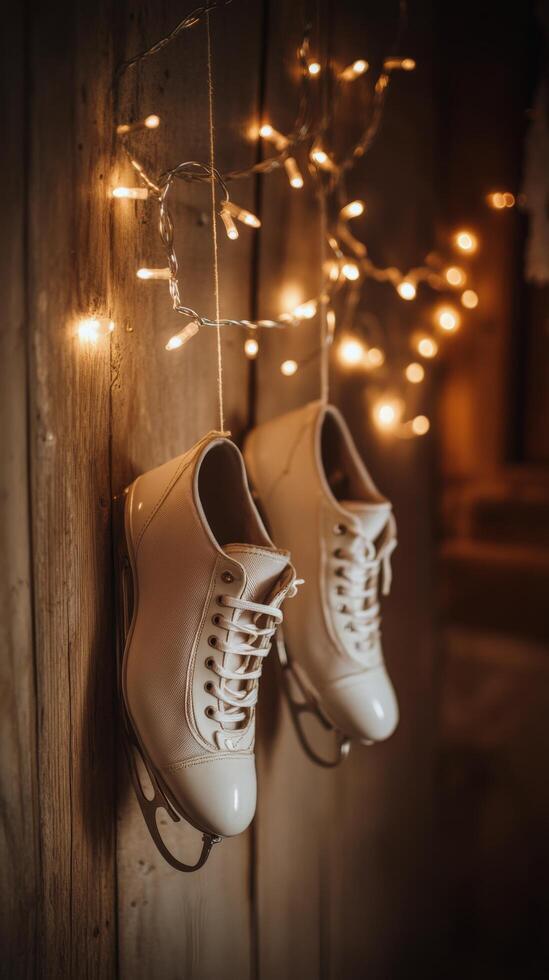 Elegant white ice skates hanging by twinkling lights in a cozy indoor setting during winter photo