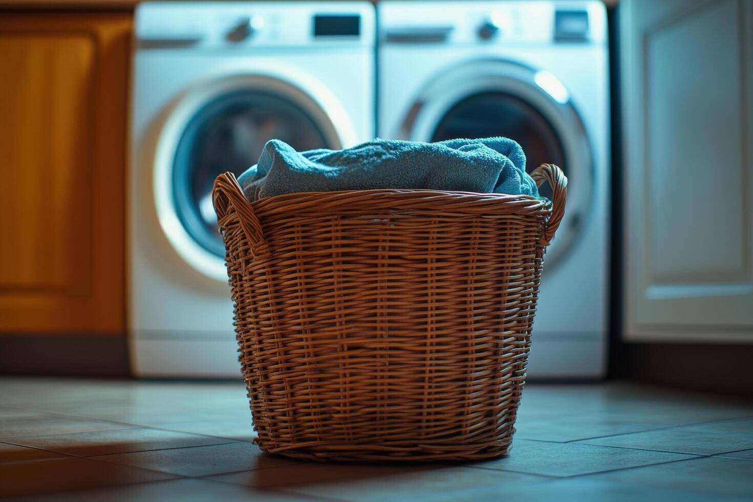 A woven laundry basket filled with clothes in a cozy, modern laundry room during daytime photo