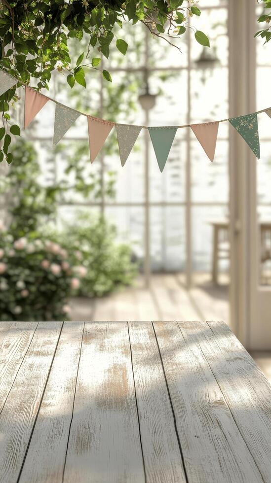 Charming outdoor setting with pastel bunting and floral arrangement at a garden party photo