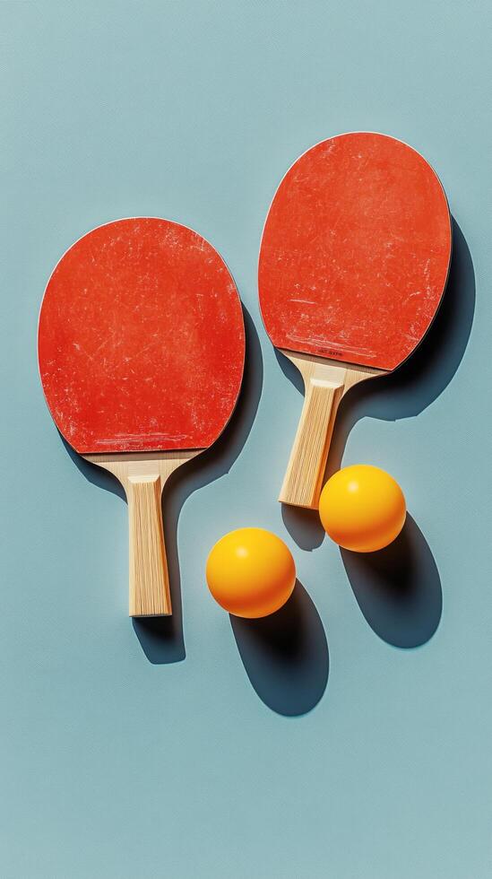 Two red table tennis paddles and a yellow ball on a blue background in a minimalistic arrangement photo