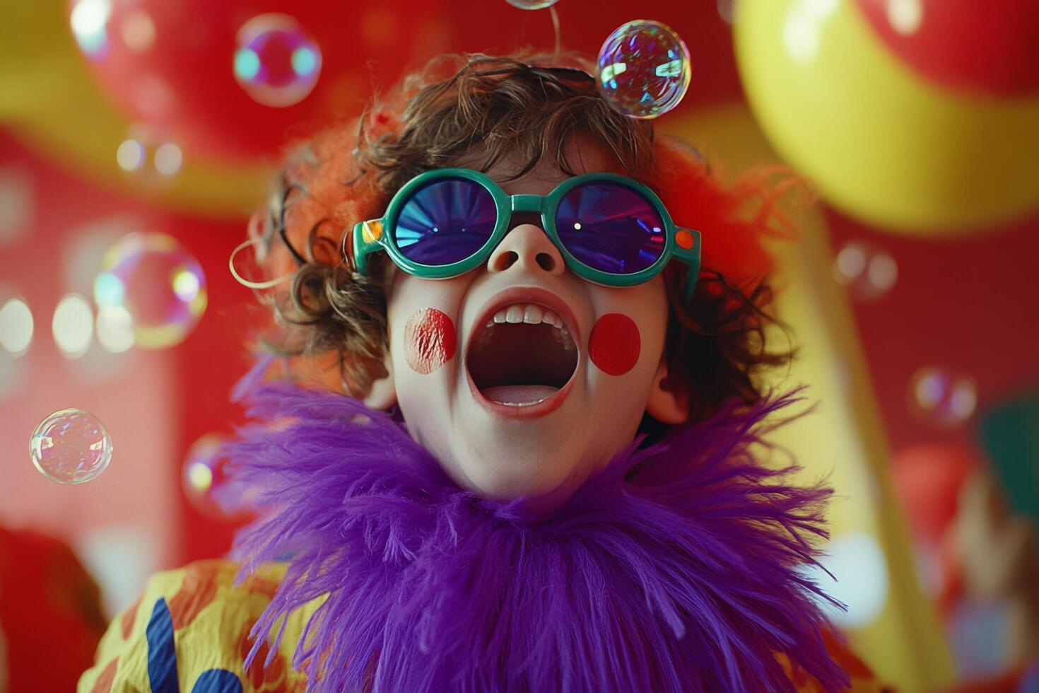 A joyous child dressed as a clown celebrates with colorful sunglasses at a festive event photo