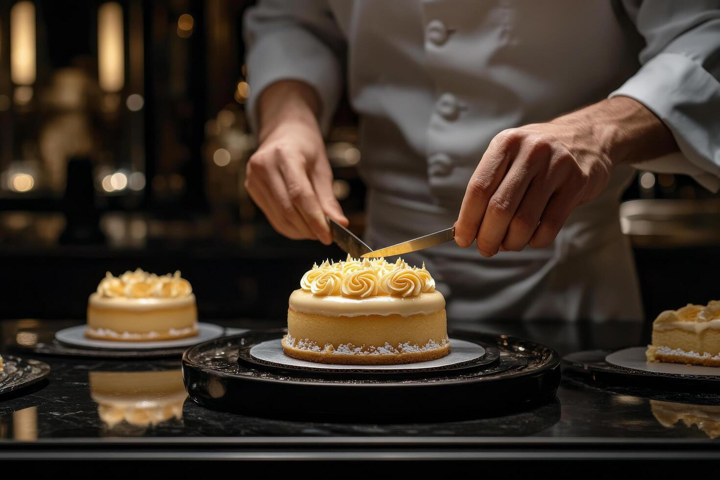 Pastry chef decorating a cake with intricate details in a luxury bakery setting during evening hours photo