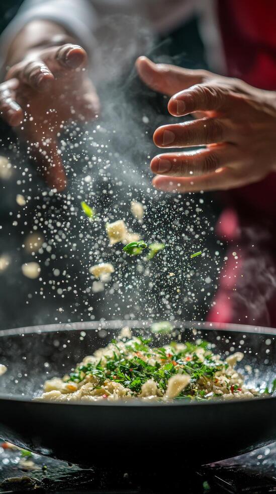 Chef adding herbs to a wok while cooking in a restaurant kitchen at night photo