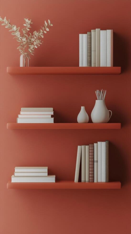 Contemporary wall shelf design with books and decorative elements in a warm toned interior photo