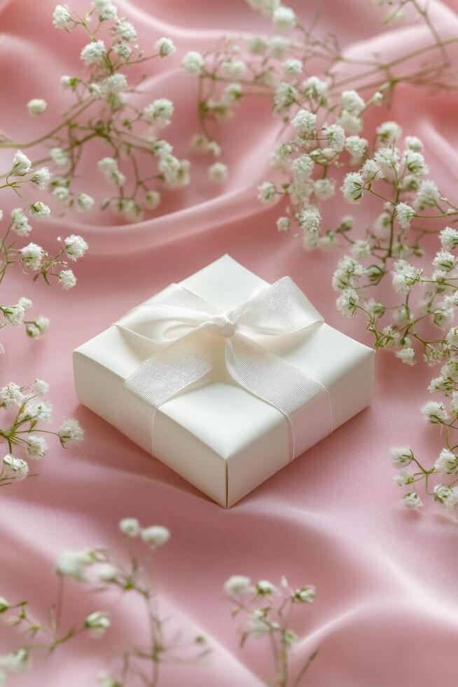 A white gift box with a ribbon surrounded by delicate white flowers on a pink background photo
