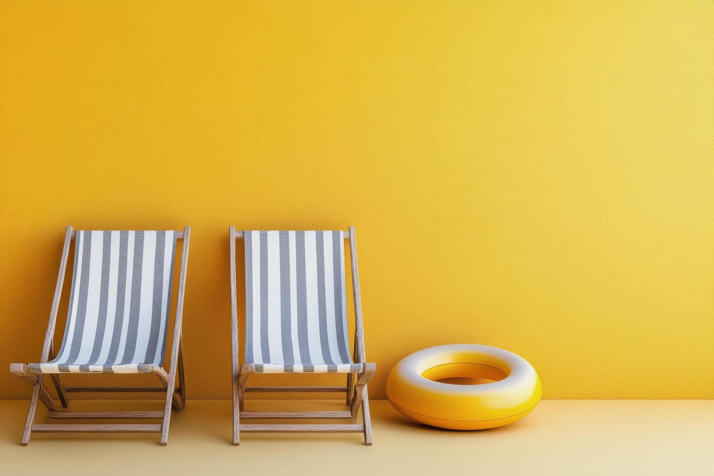 Bright yellow loungers with striped cushions and a round float in a cheerful summer setting photo