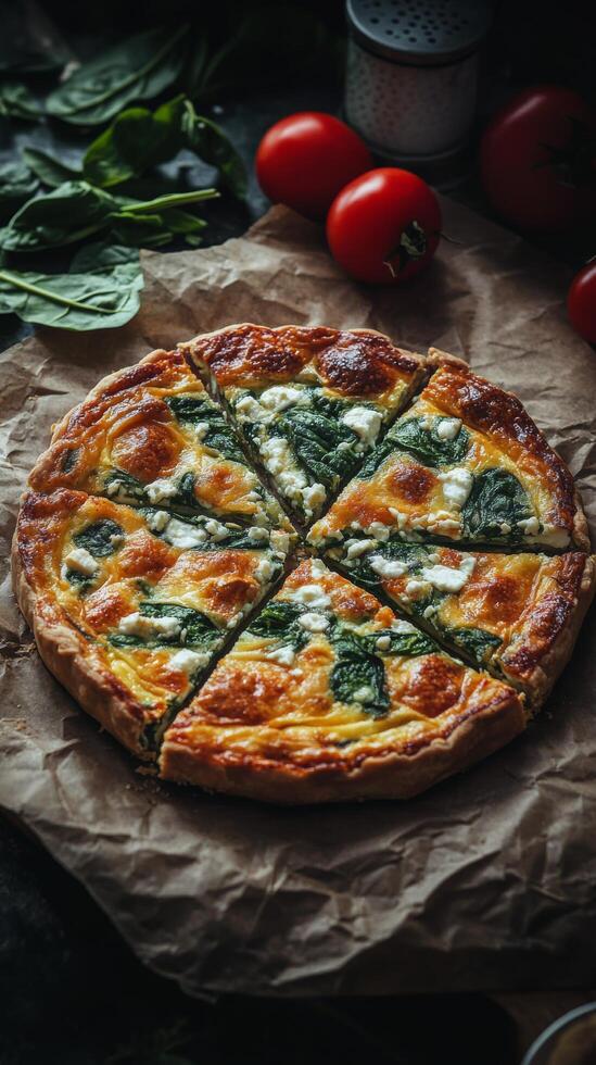 Freshly baked savory quiche with spinach and cheese accompanied by tomatoes and herbs photo