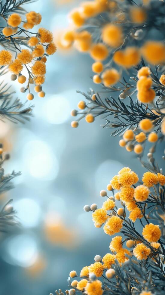 Beautiful yellow flowers blooming against a soft blue backdrop on a calm spring day photo