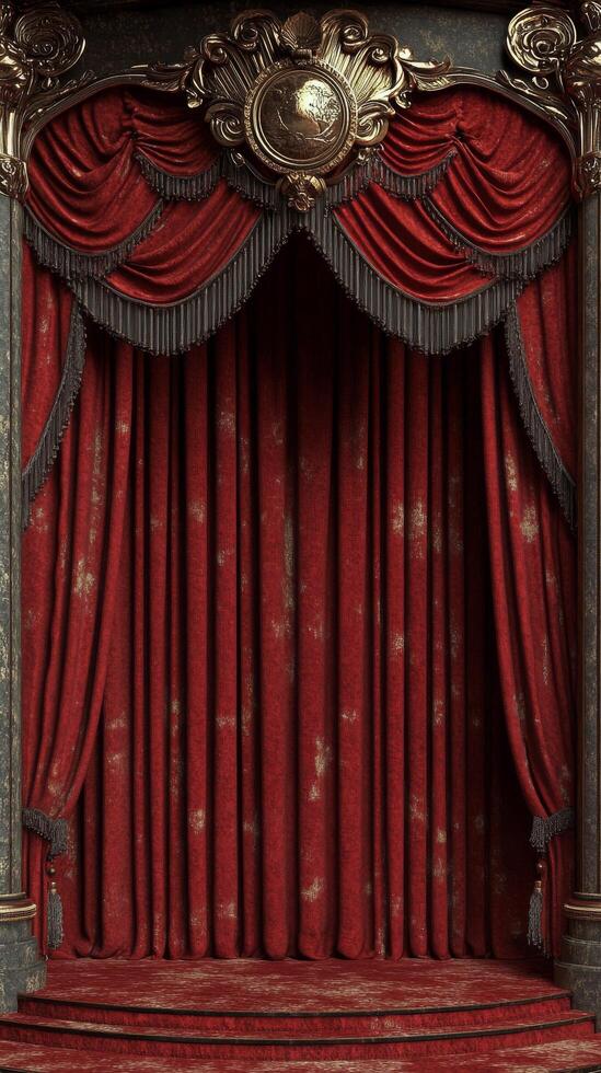 Red velvet curtains illuminated by a spotlight in a wooden theater setting during a performance photo