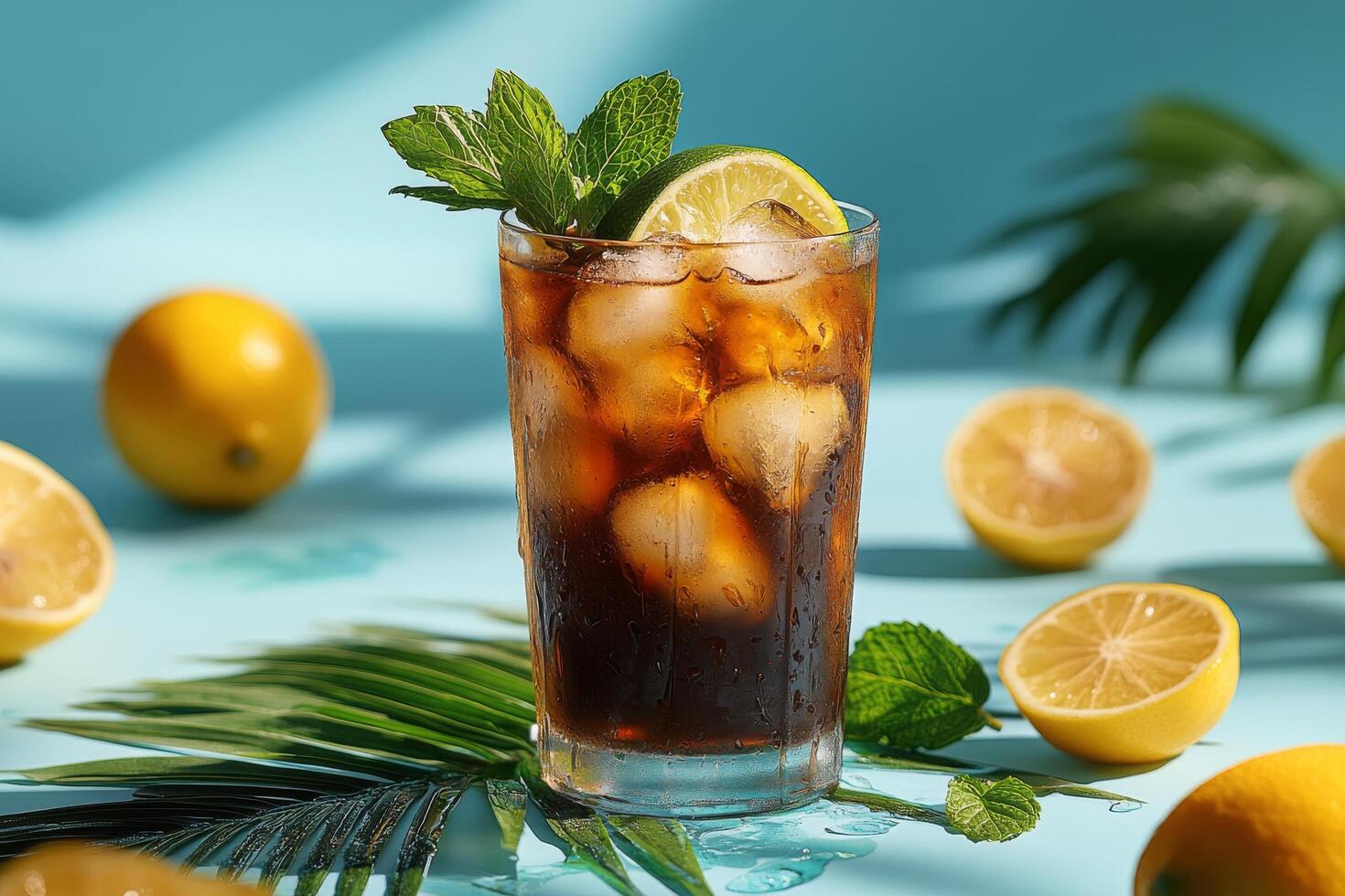 Refreshing iced drink with lemon and mint on a vibrant blue surface during summer afternoon photo