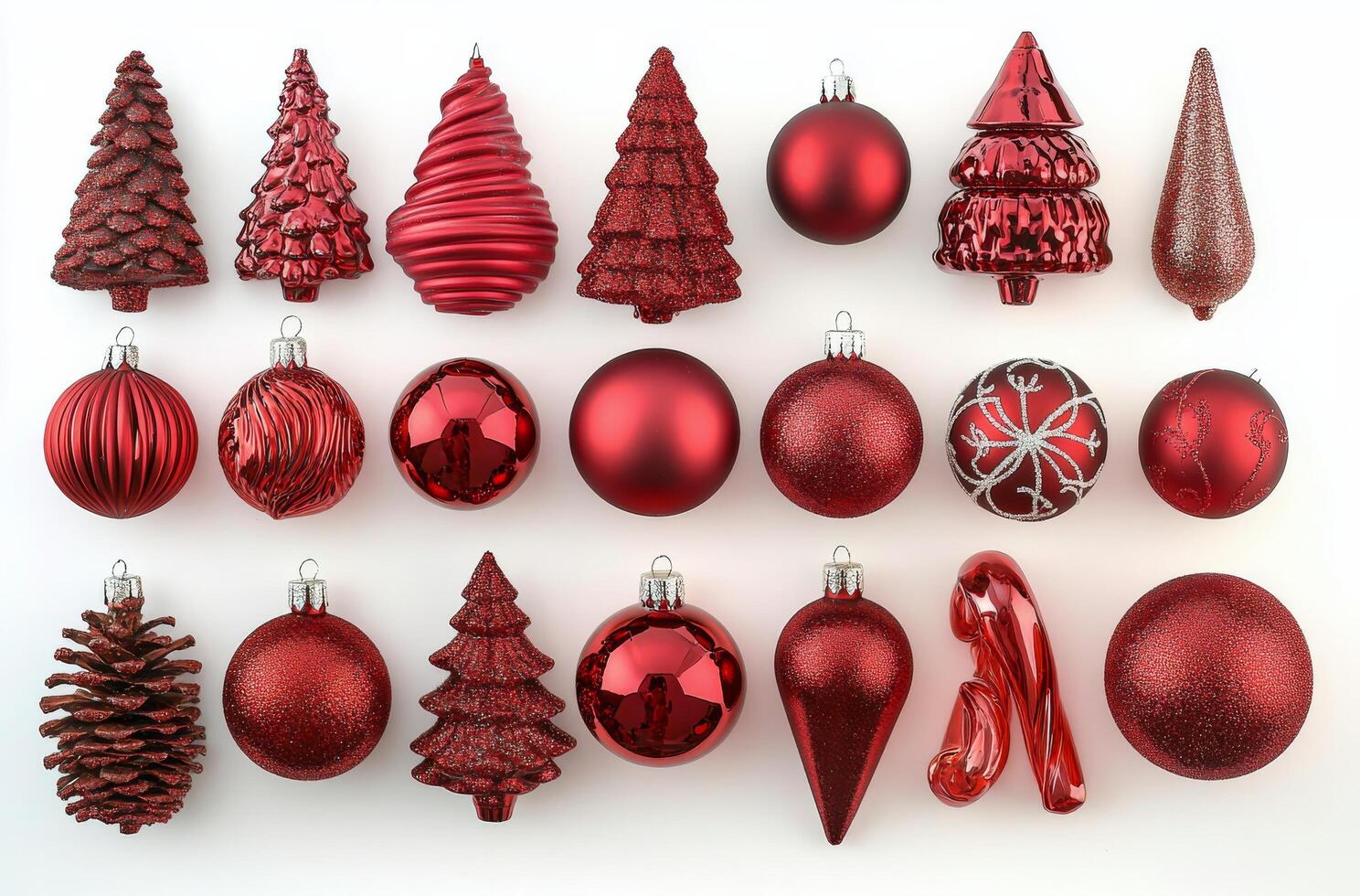 A variety of red Christmas ornaments displayed creatively for festive decoration photo