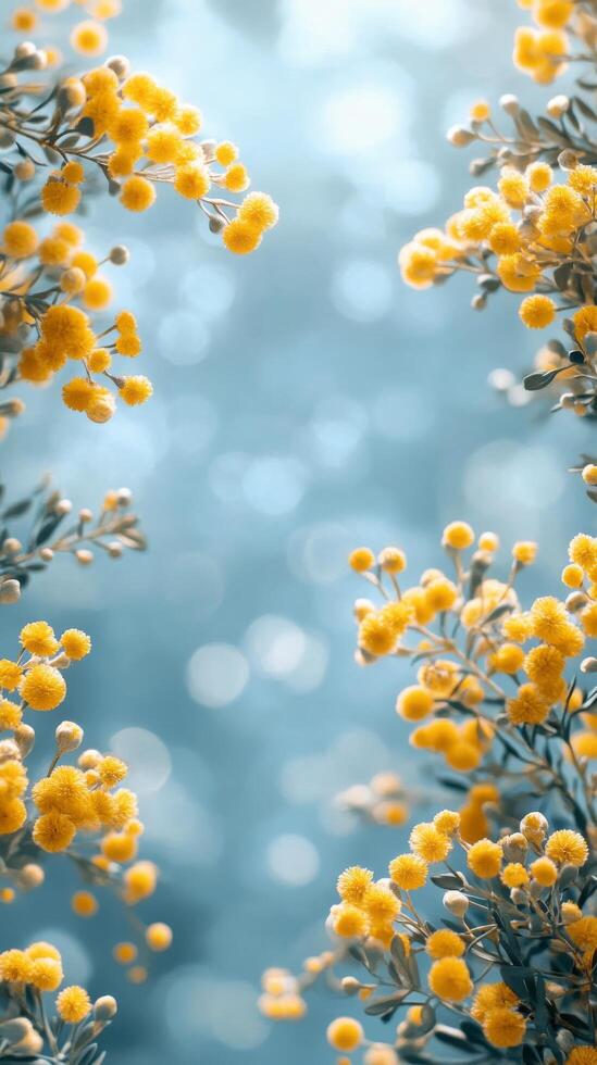 Beautiful yellow flowers blooming against a soft blue backdrop on a calm spring day photo