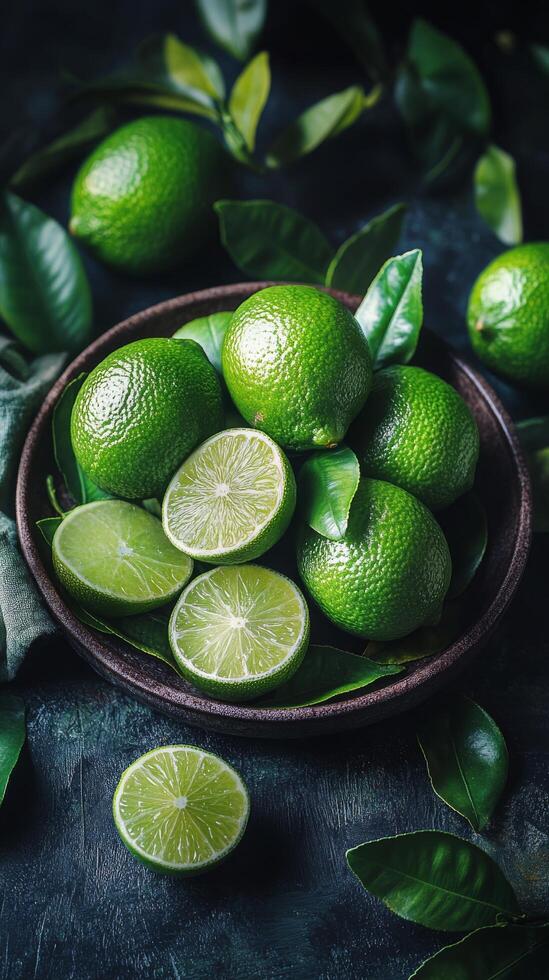 Fresh limes and lime halves arranged in a bowl with green leaves on a dark background photo