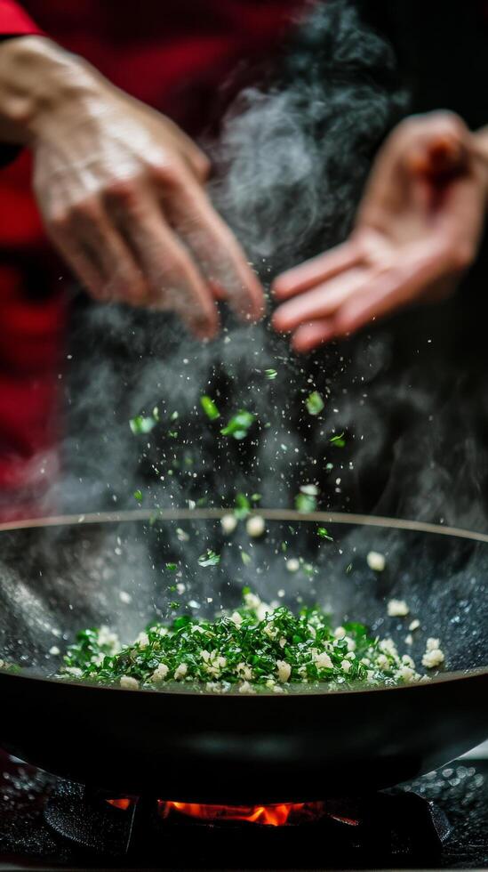 Chef adding herbs to a wok while cooking in a restaurant kitchen at night photo