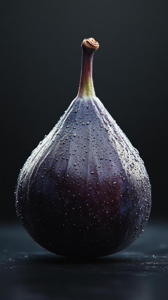 Fresh black figs stacked elegantly with water droplets on a dark surface in soft lighting photo