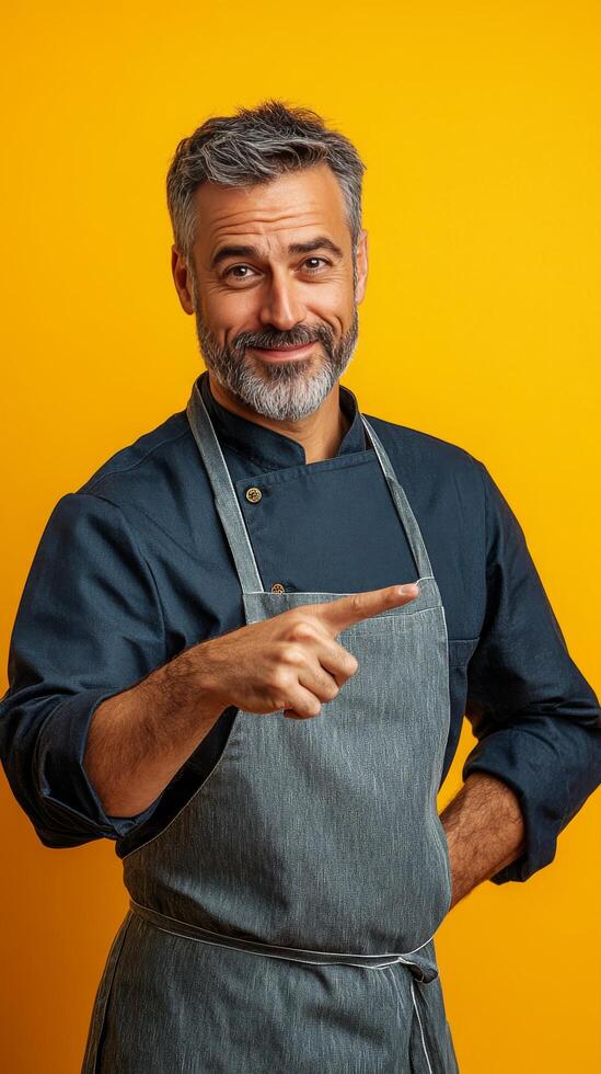 A smiling man in an apron pointing up against a bright yellow background in a friendly setting photo