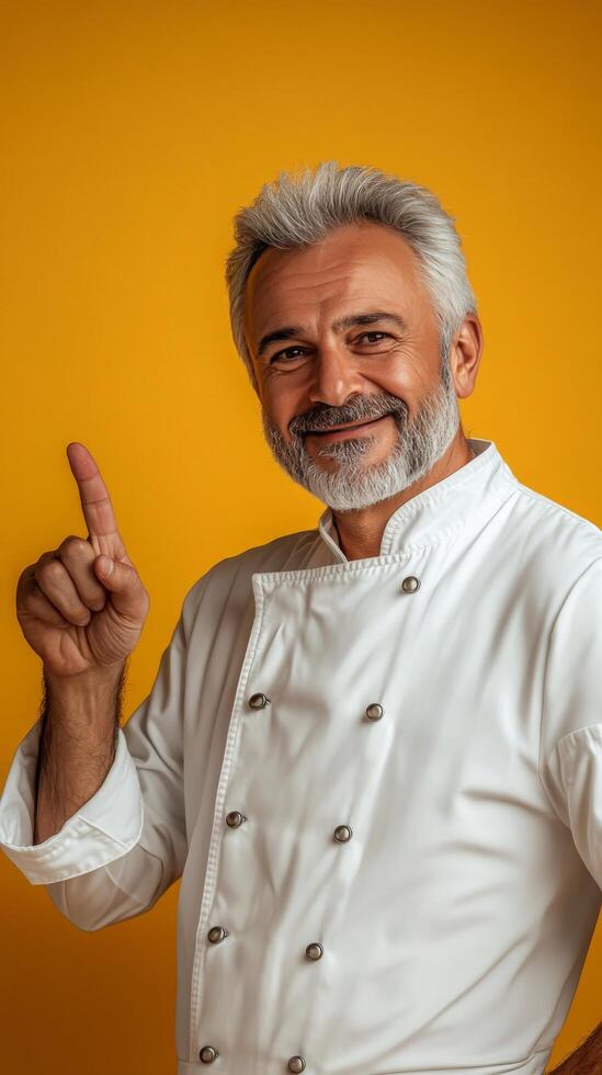 A smiling man in an apron pointing up against a bright yellow background in a friendly setting photo