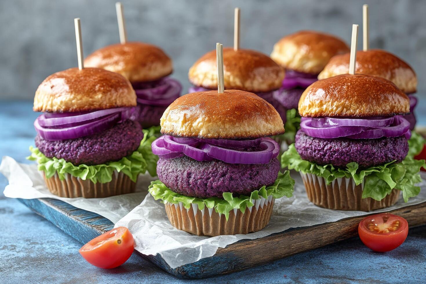 Unique colorful mini burgers with purple patties and fresh vegetables on display on a wooden platter photo