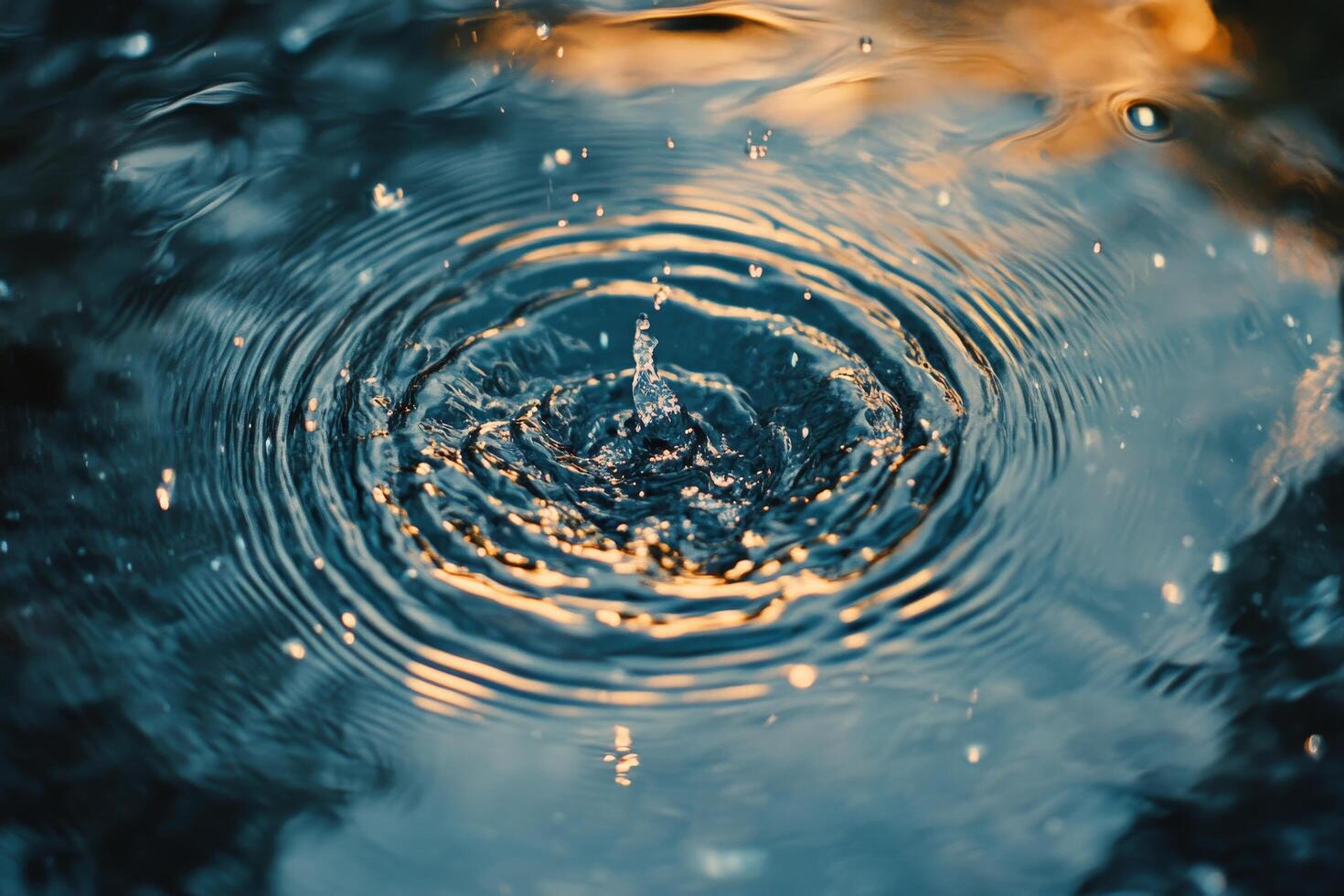 Water droplet creating ripples in a calm, blue surface during a sunny afternoon photo