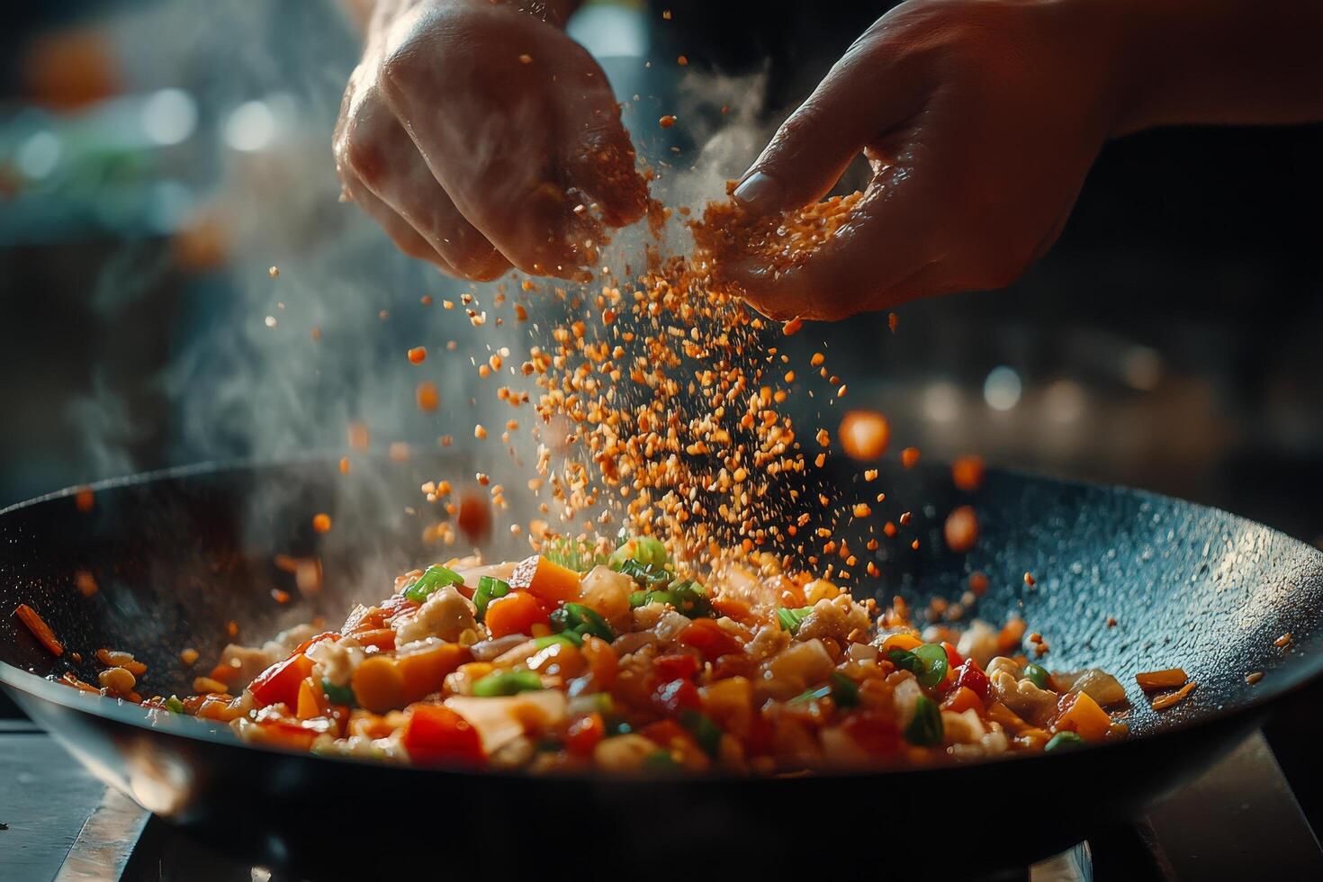 Cooking colorful vegetables in a hot wok while adding spices in a bustling kitchen photo