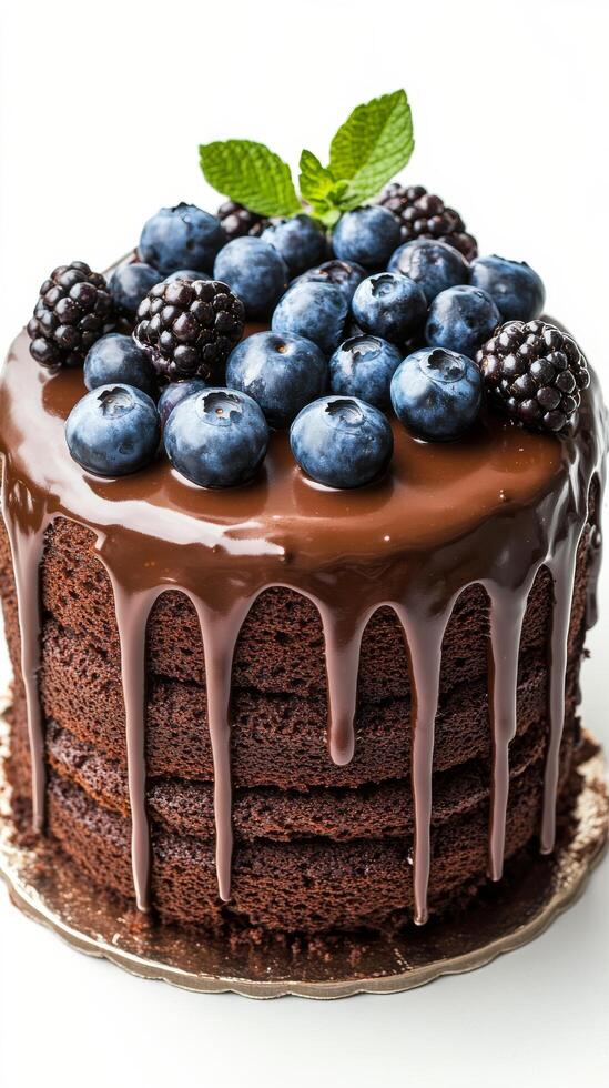 Chocolate cake with blueberries and dripping ganache on a white background photo