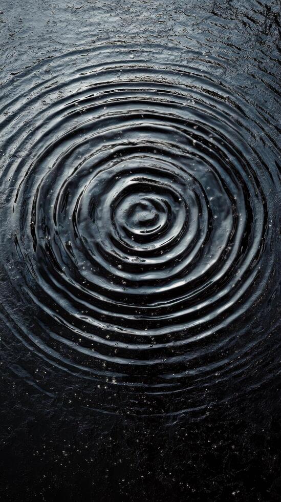 Ripples expanding in dark water under rain creating a calm and tranquil atmosphere photo