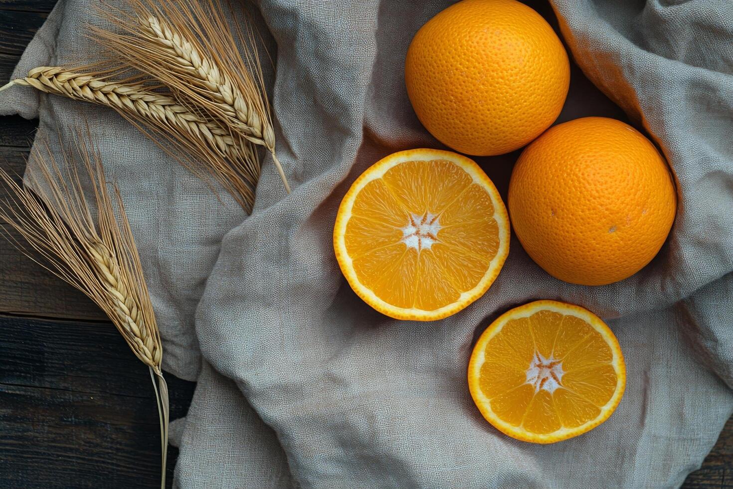 Fresh oranges and wheat arranged beautifully on a rustic wooden table for a healthy snack setting photo