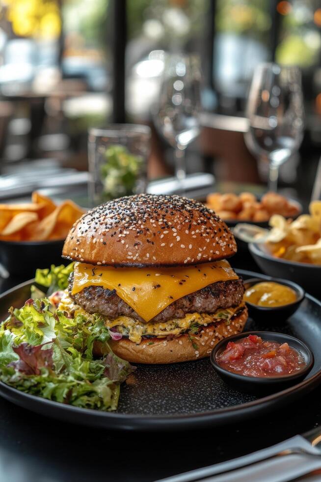 Delicious cheeseburger served with fresh salad and sides at a cozy restaurant during dinner time photo