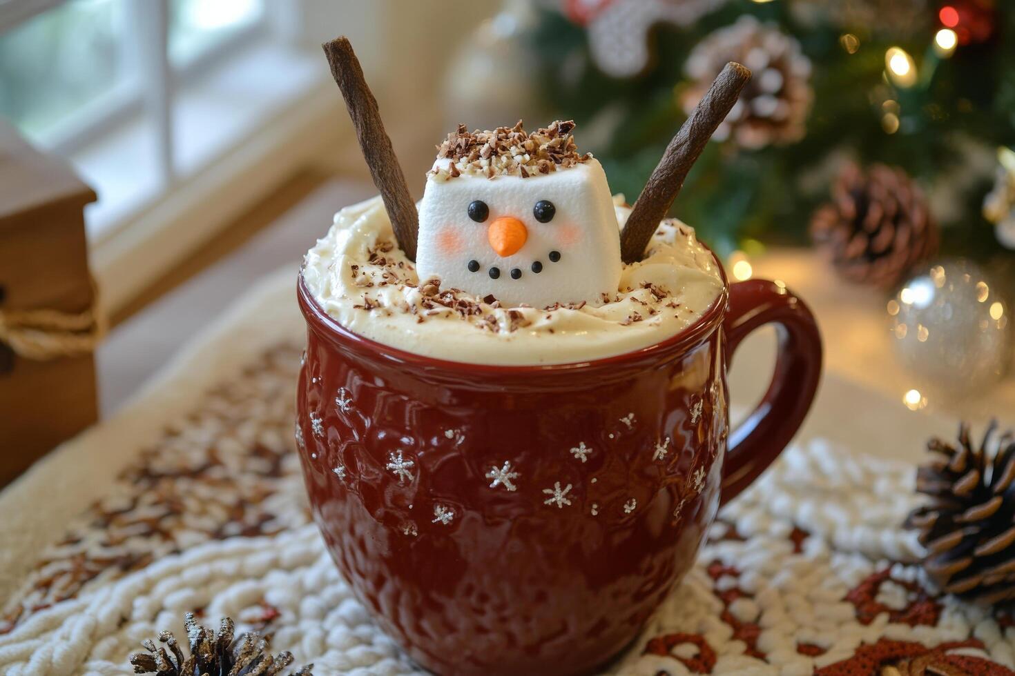 Festive hot beverage topped with whipped cream and decorative snowman features for winter enjoyment photo