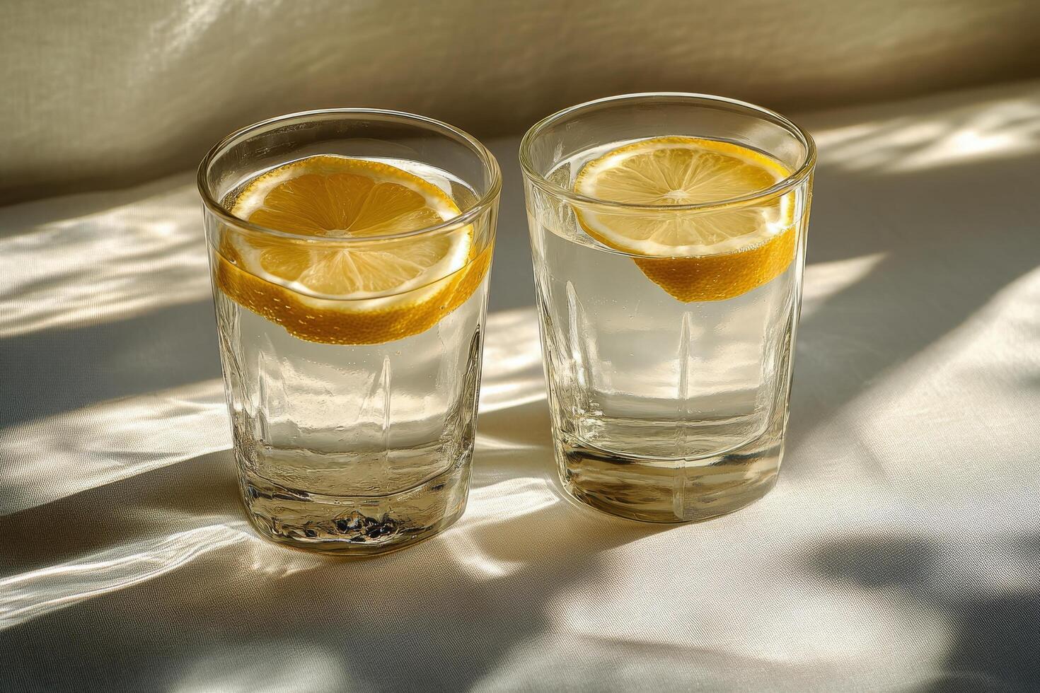 Refreshing glasses of lemon water placed on a table with sunlight casting soft shadows photo