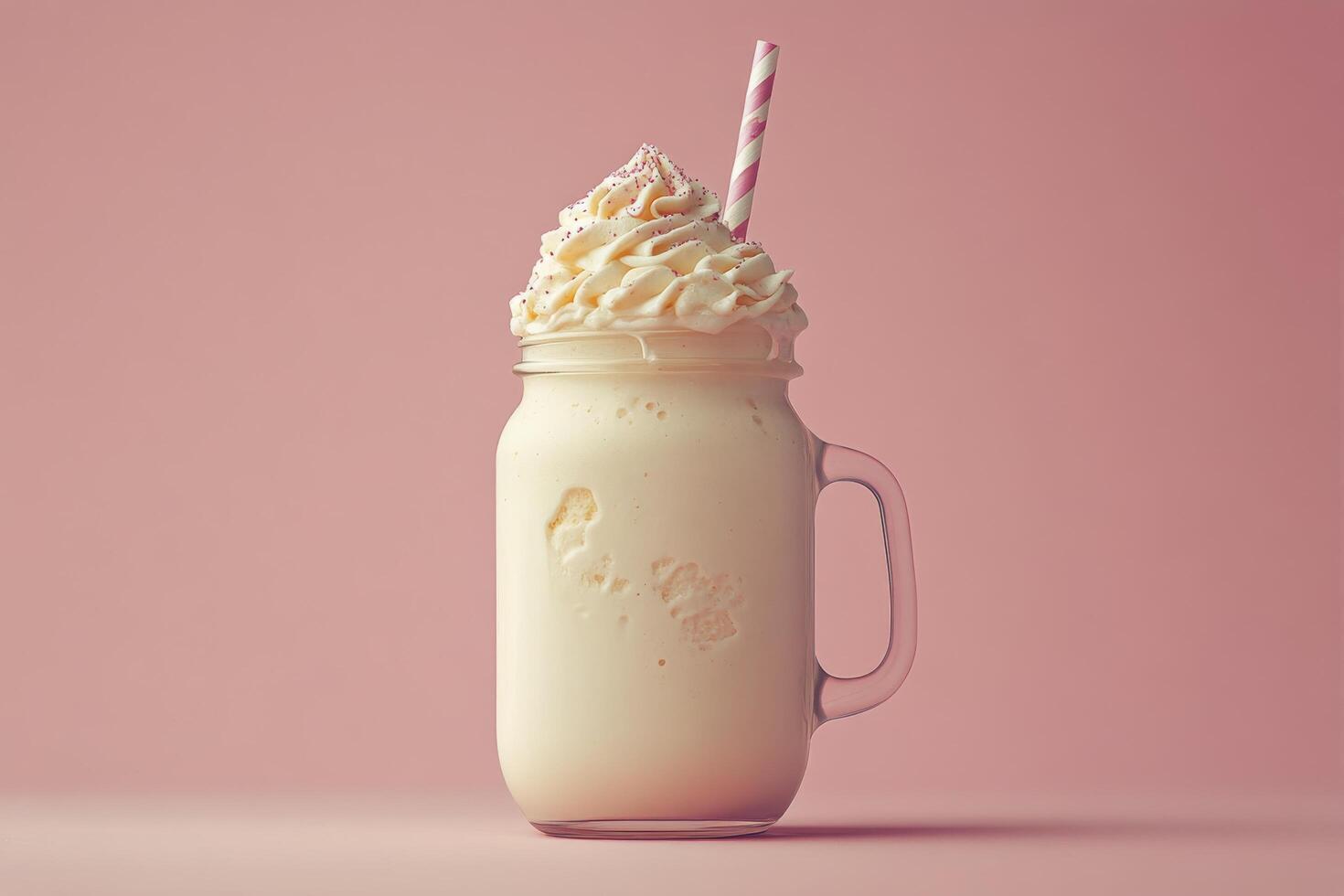 Delicious raspberry milkshake in mason jar with whipped cream on pink background during daylight photo