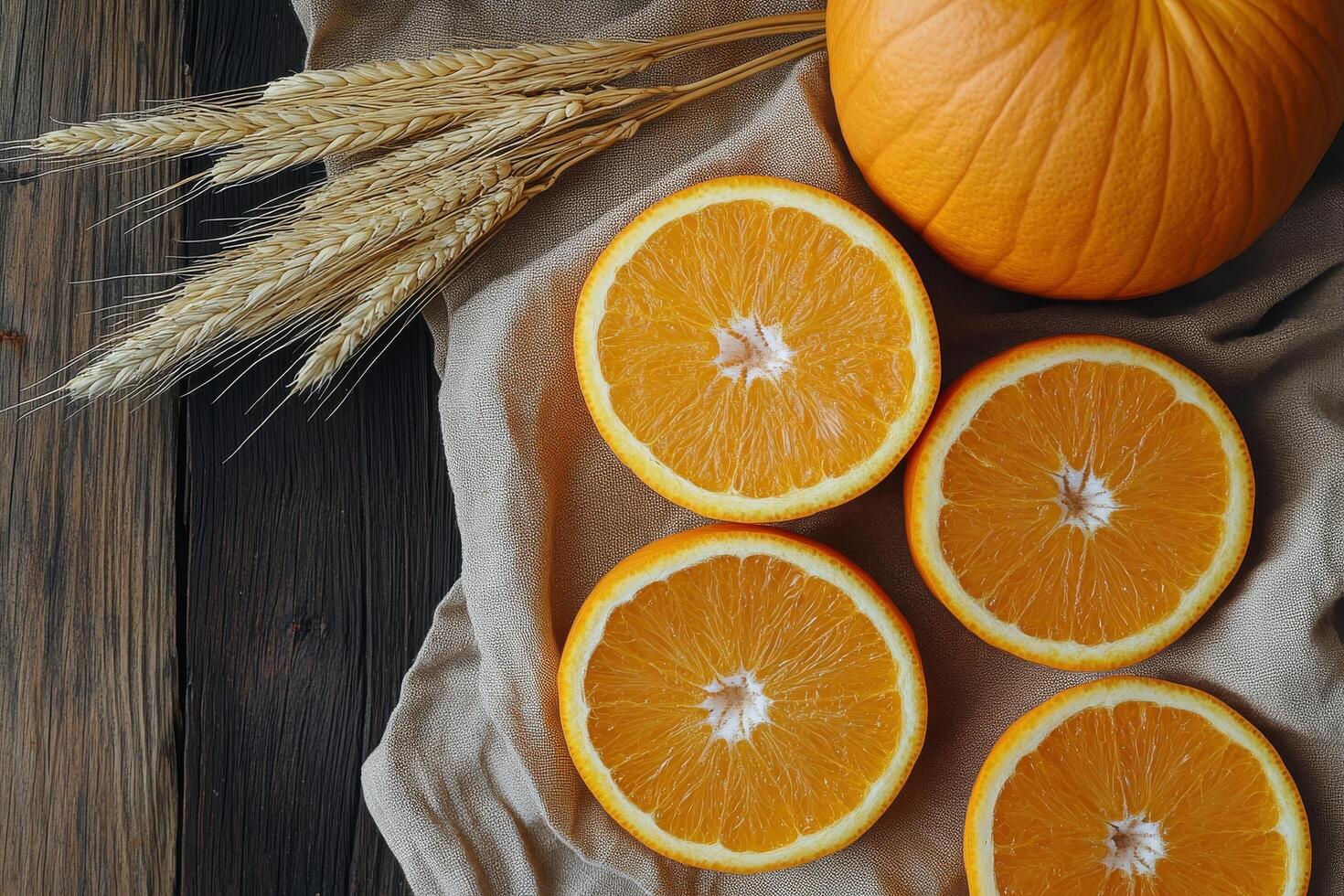 Fresh oranges and wheat arranged beautifully on a rustic wooden table for a healthy snack setting photo