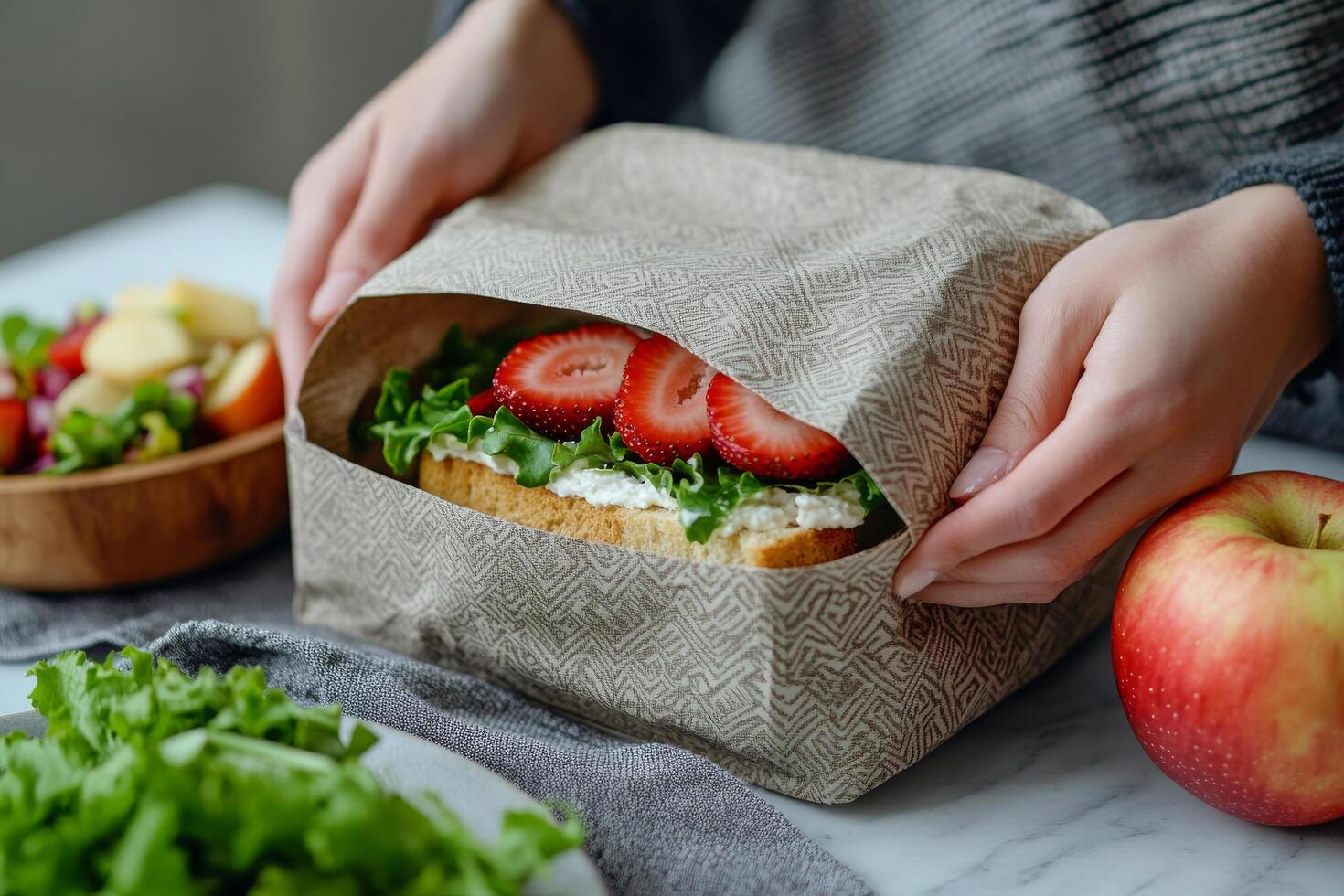 Creative wrap of a vibrant sandwich with strawberries and lettuce on a kitchen counter at lunchtime photo
