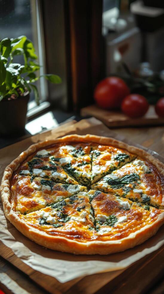 Freshly baked savory quiche with spinach and cheese accompanied by tomatoes and herbs photo