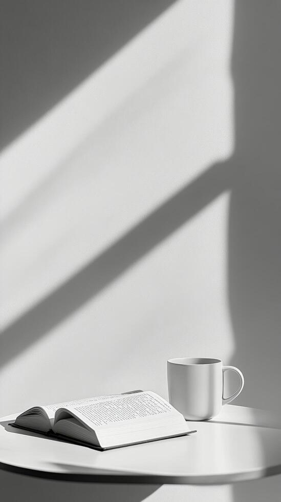 A cozy reading corner with an open book and a cup of coffee in soft morning light photo